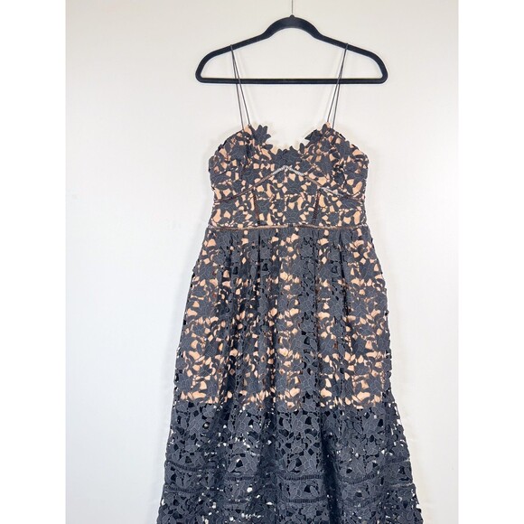 Self Portrait Dress Black Azaelea Midi V Neck Floral Overlay Evening Size 10 - Picture 5 of 15